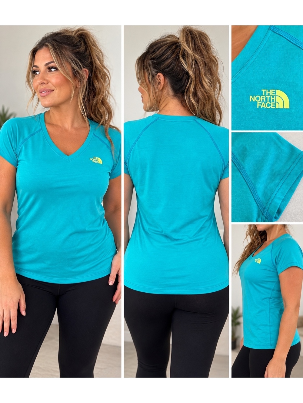 The North Face Women's L Turquoise Blue V Neck Athletic Activewear Hiking Tee